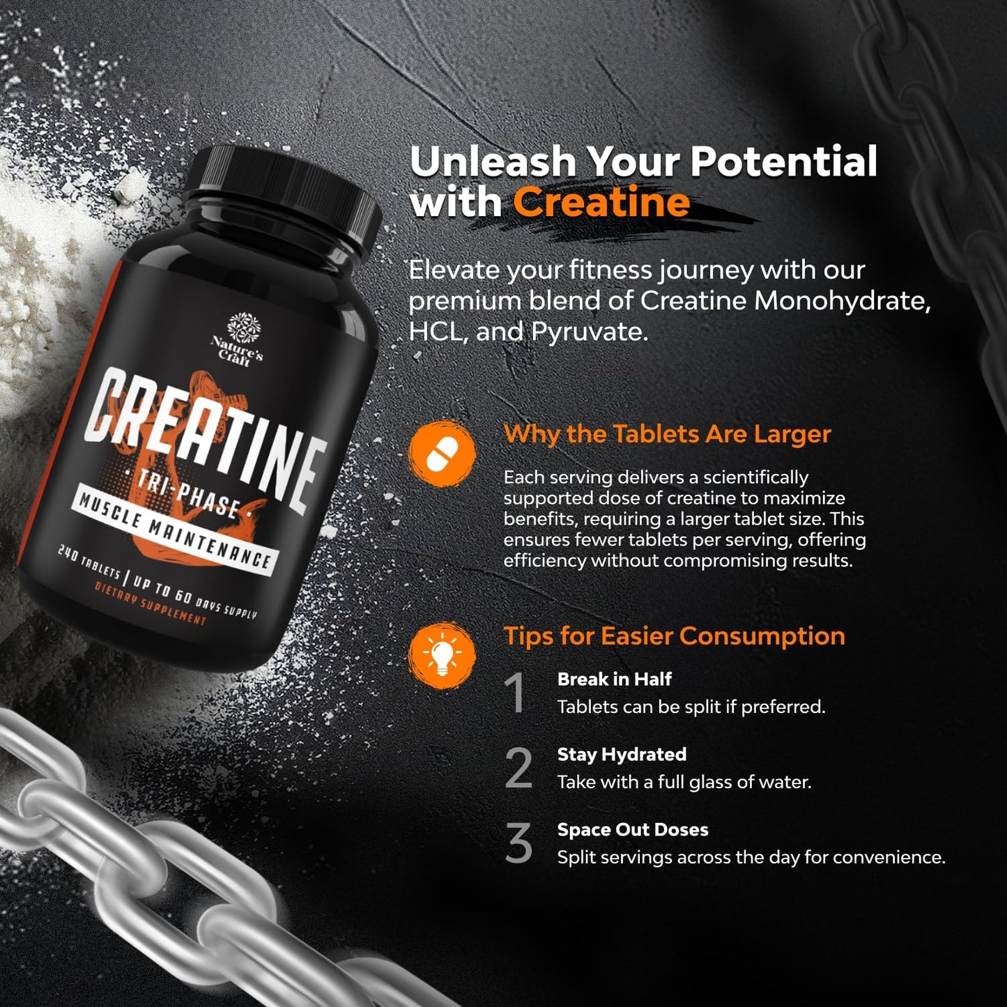 High Strength Tri Phase Creatine Pills for Muscle Mass Gaining and Recovery - HCL Pyruvate & Monohydrate Supplement - 240ct for Men and Women