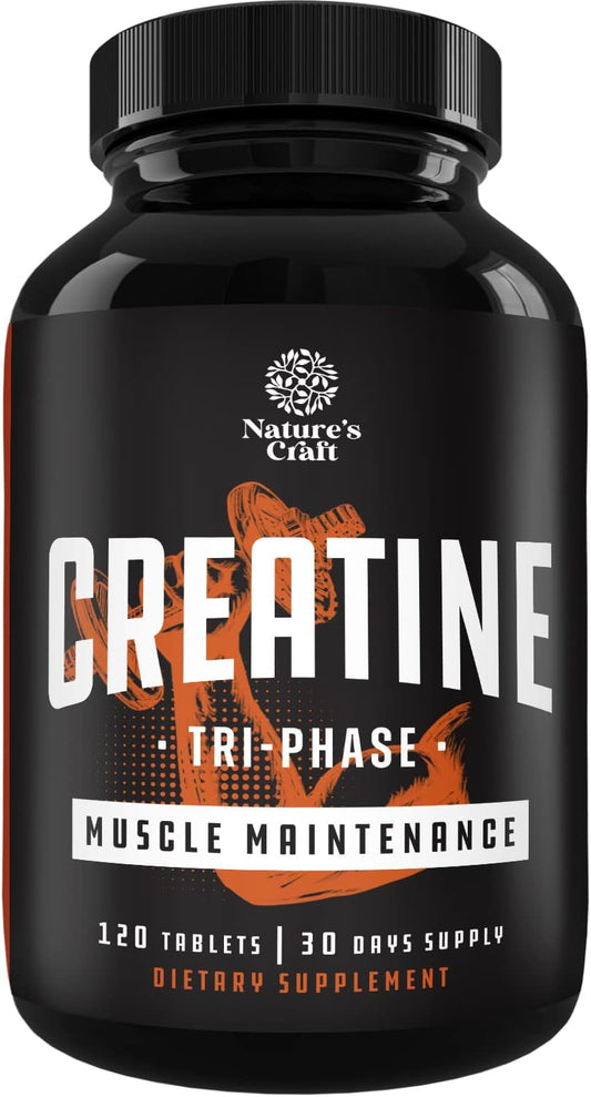 High Strength Tri Phase Creatine Tablets for Women & Men - Blend of Monohydrate, HCL & Pyruvate - Muscle Mass Gain & Recovery - 120 Tablets