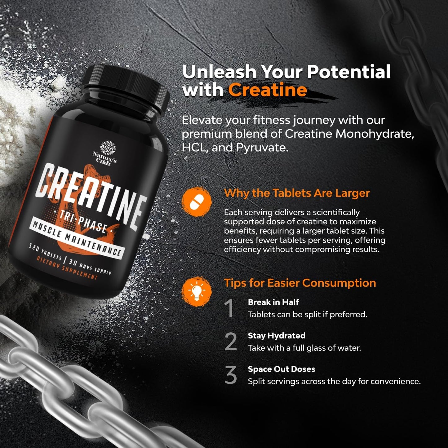 High Strength Tri Phase Creatine Tablets for Women & Men - Blend of Monohydrate, HCL & Pyruvate - Muscle Mass Gain & Recovery - 120 Tablets