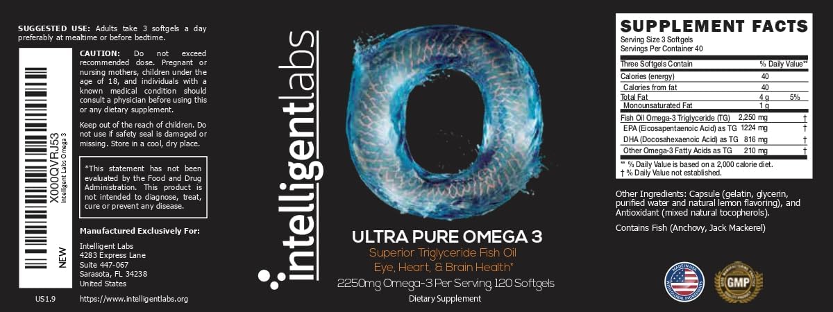 High Strength Triglyceride Omega-3 Fish Oil Capsules | 2250mg per Serving | Burpless | Cardiovascular, Brain, Joint, Eye Support | 120 Softgels