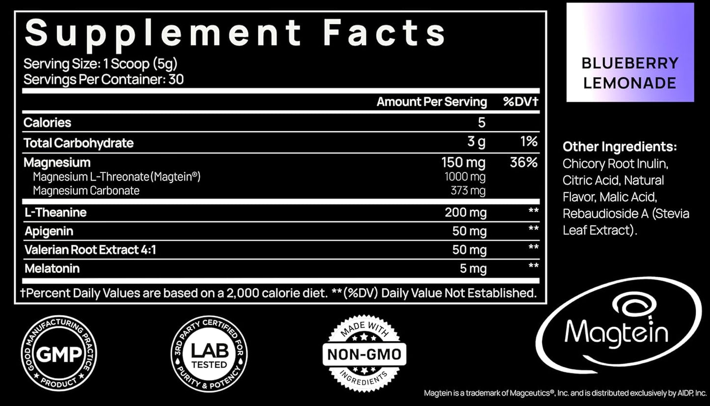 High Strength Triple Sleep Magnesium L-Threonate Powder with Apigenin, L-Theanine, and Melatonin - Natural Sleep Aid Supplement for Deep Sleep and Calm - Magtein Magnesium L Threonate for Adults
