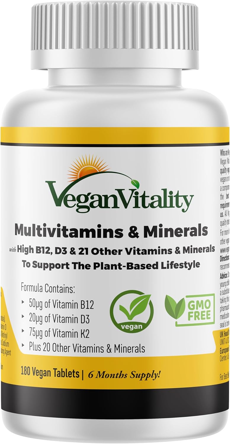 High Strength Vegan Multivitamin Tablets for Women and Men - 180 Tablets, 6 Months Supply - Vitamin B12, D3, K2 - Vitamins for Vegans & Vegetarians