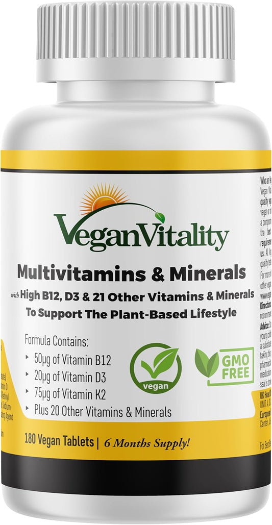High Strength Vegan Multivitamin Tablets for Women and Men - 180 Tablets, 6 Months Supply - Vitamin B12, D3, K2 - Vitamins for Vegans & Vegetarians
