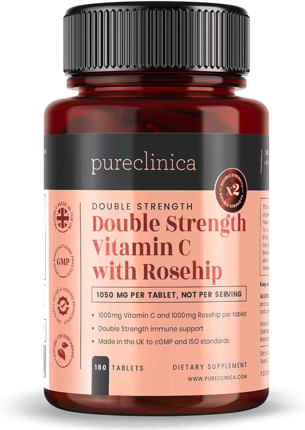 High Strength Vitamin C & Rosehip Tablets - 2000mg (1000mg VIT C & 1000mg Rosehip Extract) x 180 - 6 Month Supply