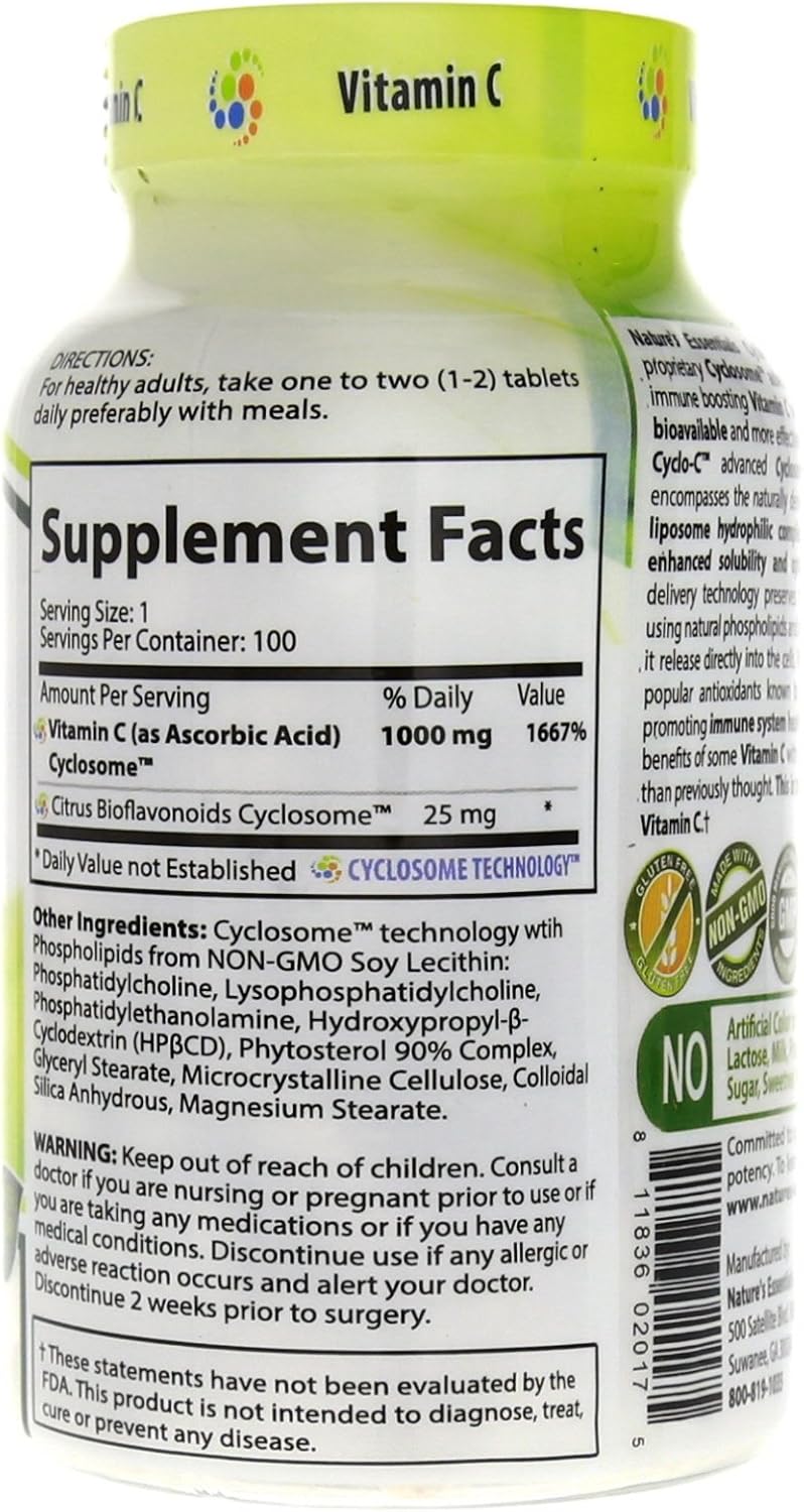 High Strength Vitamin C Supplement with Cyclo-C 1000mg | Enhanced with Bioflavonoids and Cyclodextrin | Liposomal Delivery for Maximum Absorption | Non-GMO, Gluten Free, Vegetarian | 200 Tablets