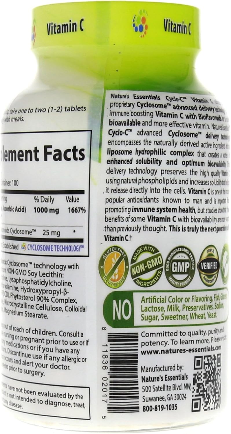 High Strength Vitamin C Supplement with Cyclo-C 1000mg | Enhanced with Bioflavonoids and Cyclodextrin | Liposomal Delivery for Maximum Absorption | Non-GMO, Gluten Free, Vegetarian | 200 Tablets