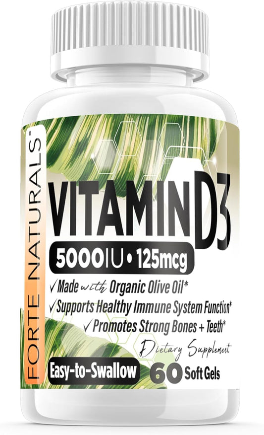 High Strength Vitamin D3 5000 IU Soft Gels with Organic Olive Oil for Sensitive Stomachs - USA Made Supplement for Women & Men