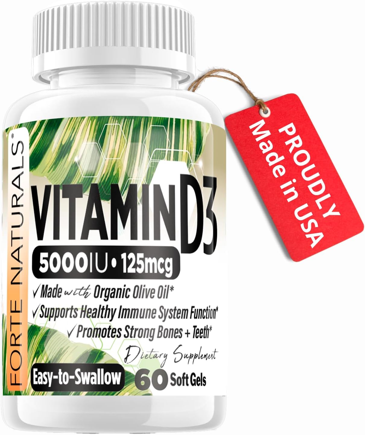 High Strength Vitamin D3 5000 IU Soft Gels with Organic Olive Oil for Sensitive Stomachs - USA Made Supplement for Women & Men