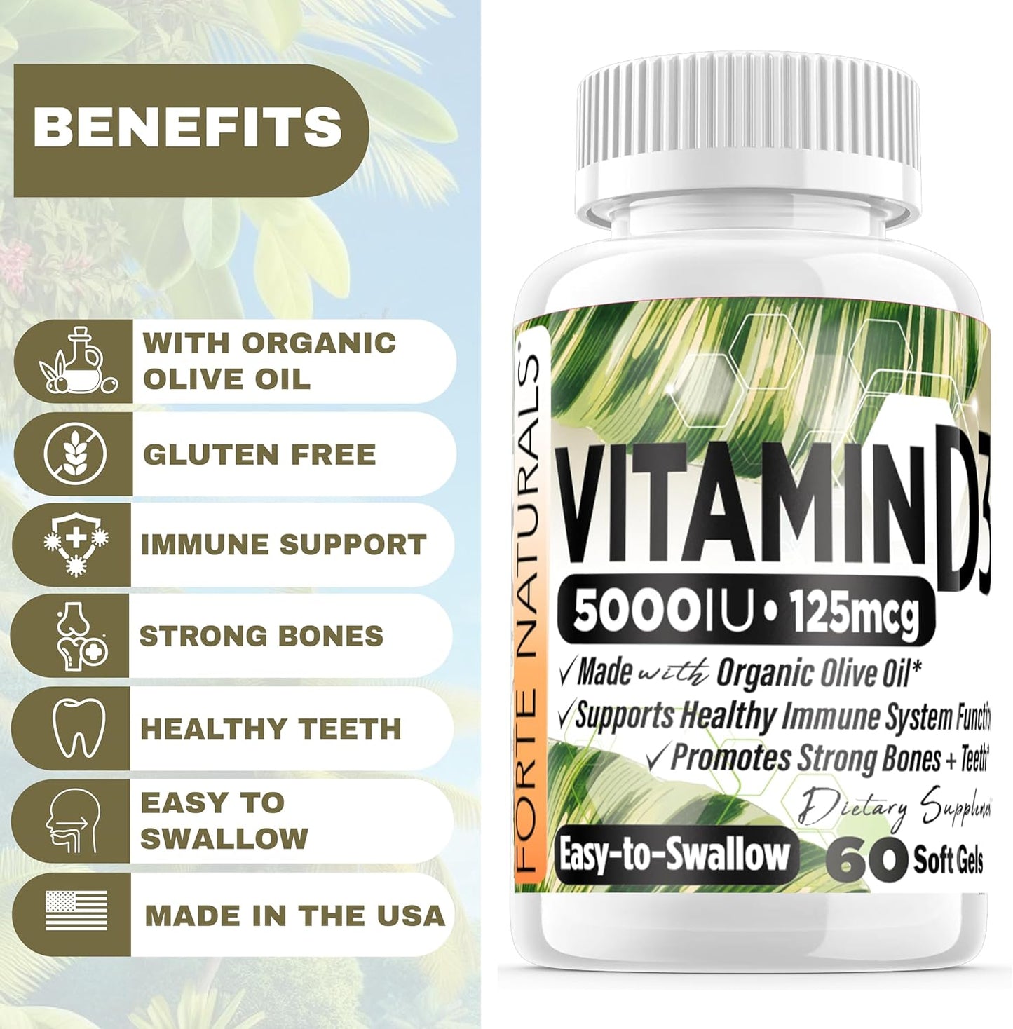 High Strength Vitamin D3 5000 IU Soft Gels with Organic Olive Oil for Sensitive Stomachs - USA Made Supplement for Women & Men
