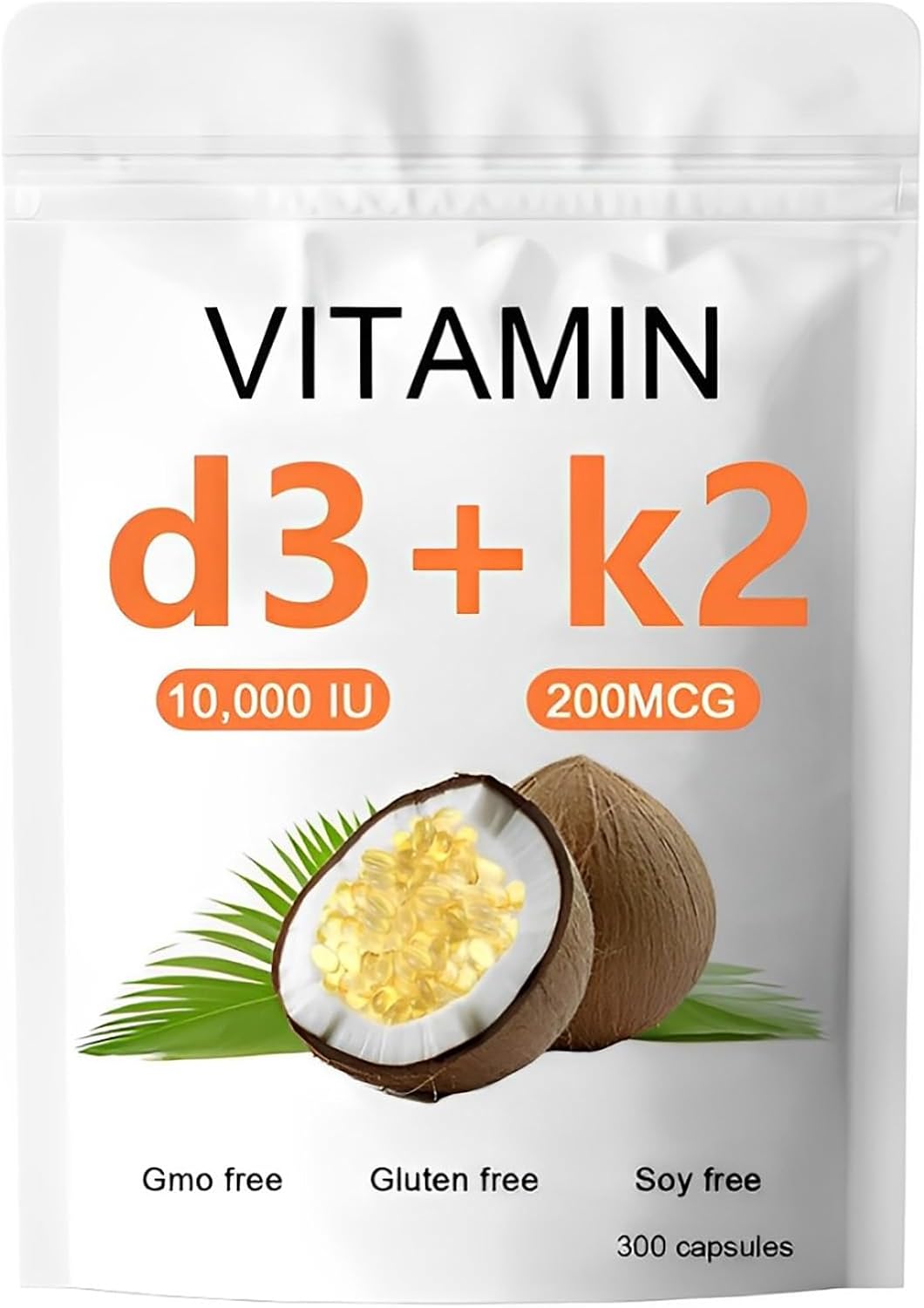 High Strength Vitamin D3 K2 Supplement – 10000 IU D3 + 200 MCG K2, Coconut Oil Softgel for Vitamin D3 K2 Replenishment