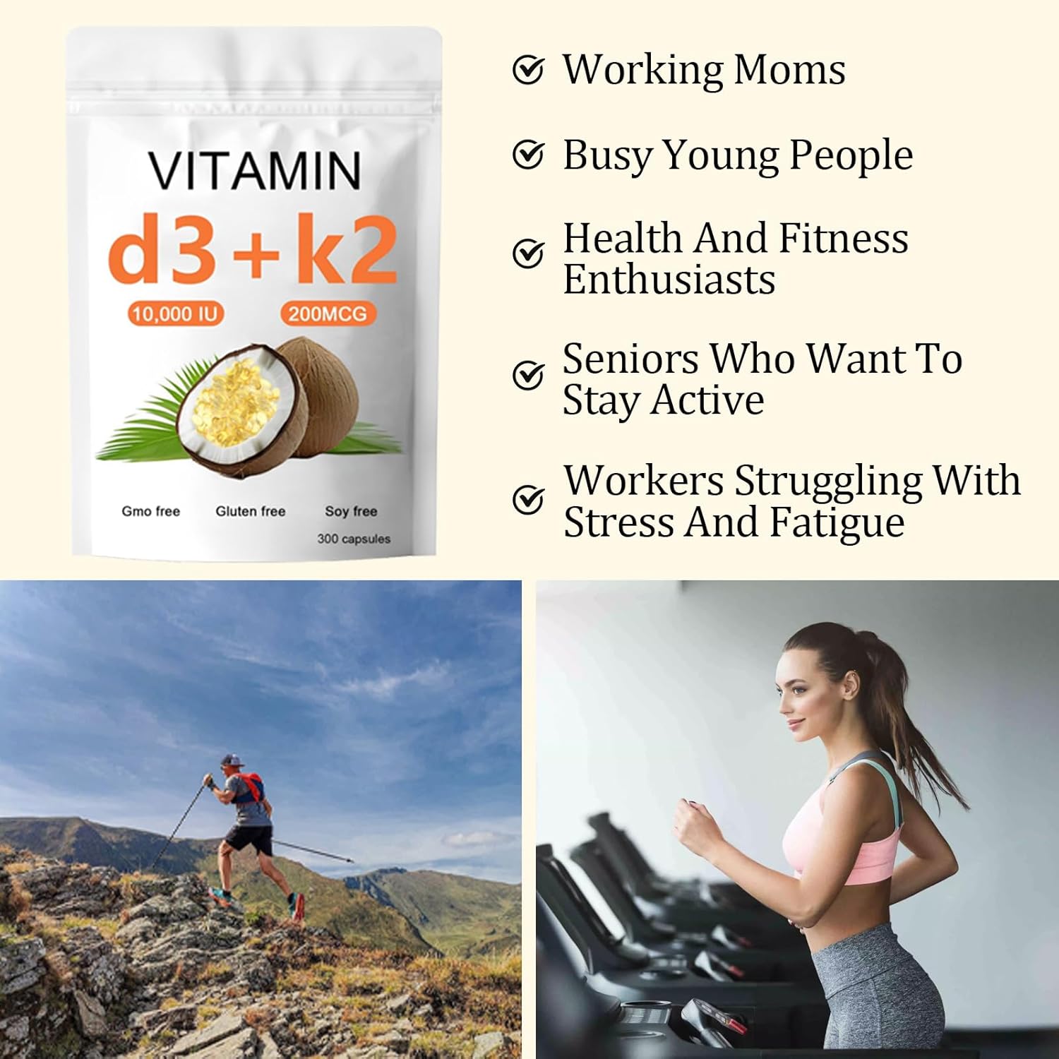 High Strength Vitamin D3 K2 Supplement – 10000 IU D3 + 200 MCG K2, Coconut Oil Softgel for Vitamin D3 K2 Replenishment