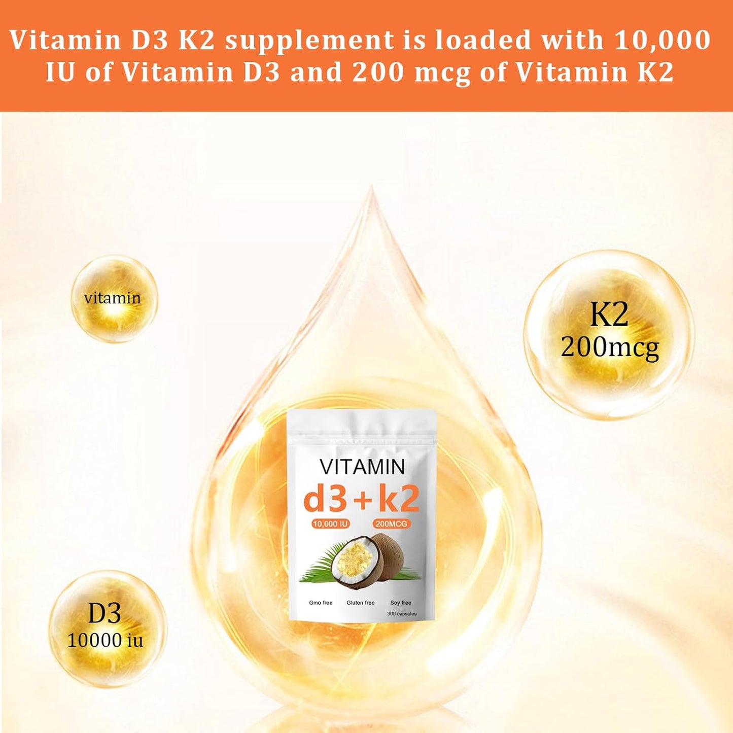 High Strength Vitamin D3 K2 Supplement – 10000 IU D3 + 200 MCG K2, Coconut Oil Softgel for Vitamin D3 K2 Replenishment