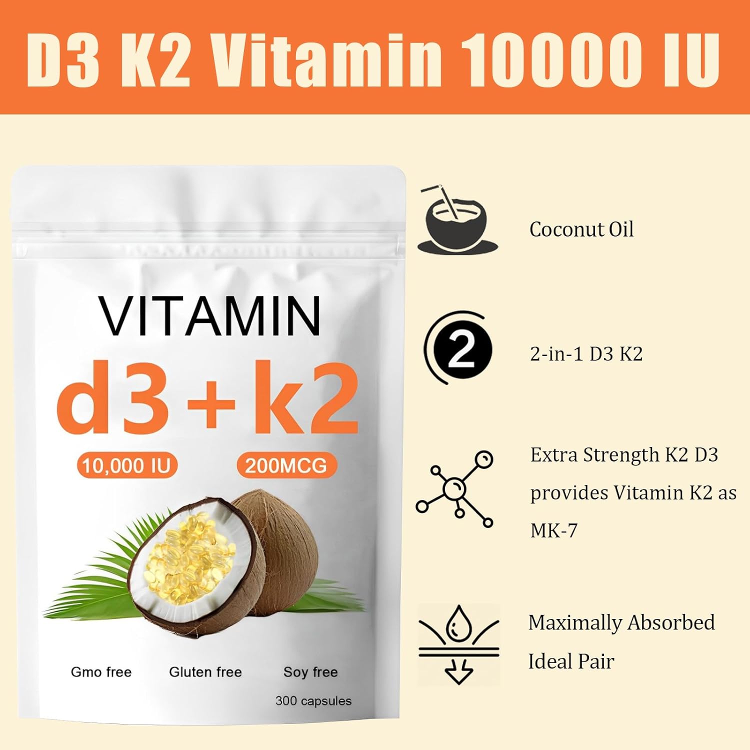 High Strength Vitamin D3 K2 Supplement – 10000 IU D3 + 200 MCG K2, Coconut Oil Softgel for Vitamin D3 K2 Replenishment