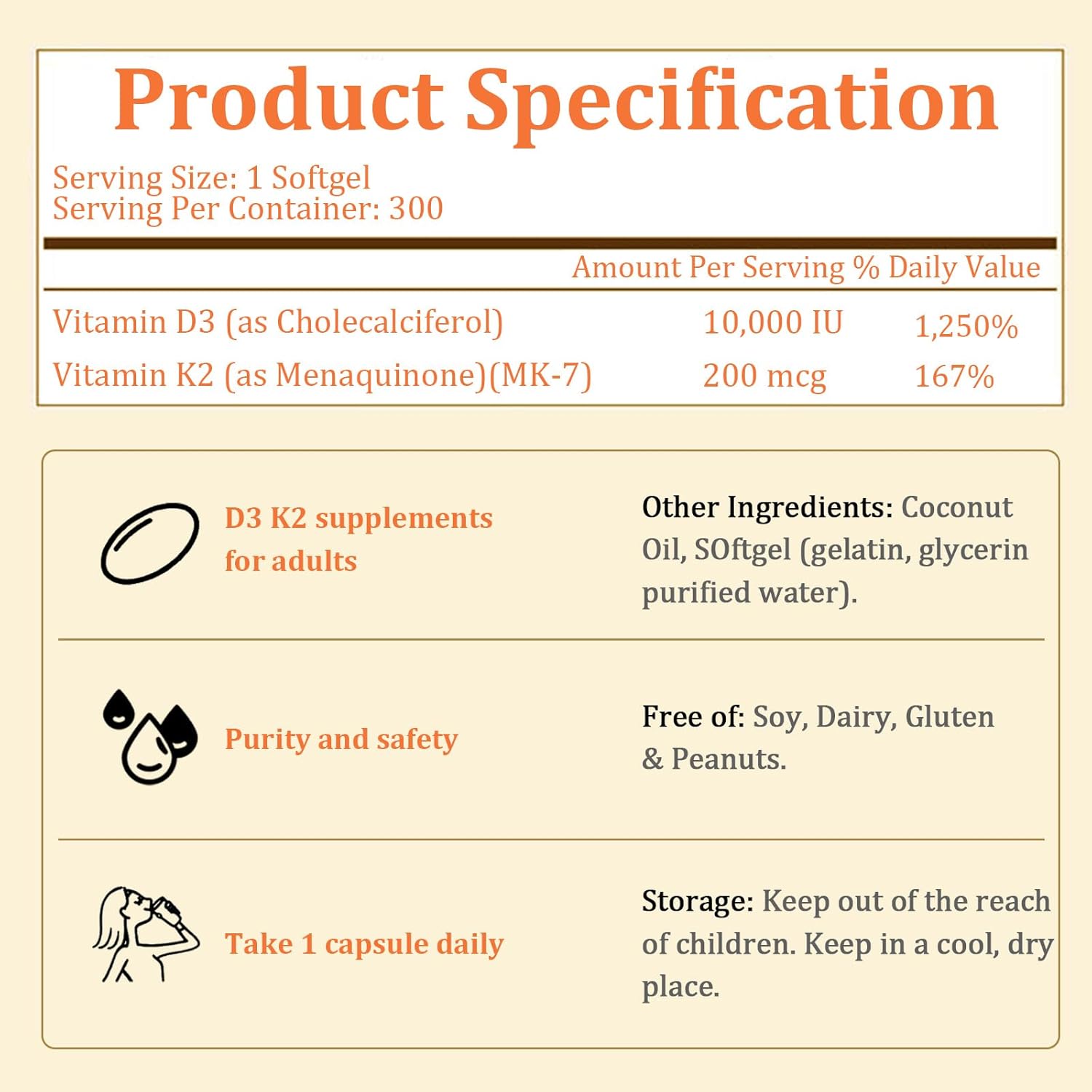 High Strength Vitamin D3 K2 Supplement – 10000 IU D3 + 200 MCG K2, Coconut Oil Softgel for Vitamin D3 K2 Replenishment
