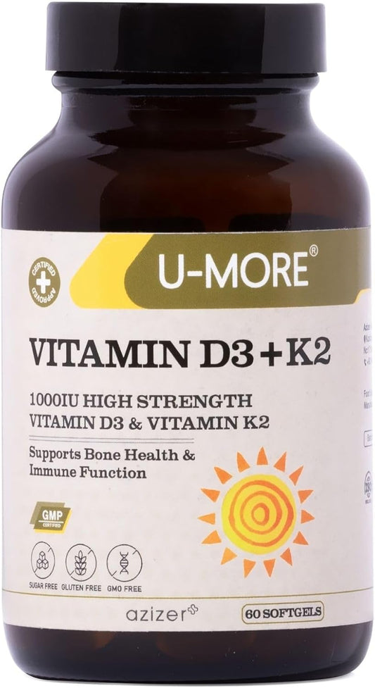 High Strength Vitamin D3 & K2 Supplement for Bone Health & Immunity - 1000 IU, Sugar/Gluten/GMO Free - 60 Softgels