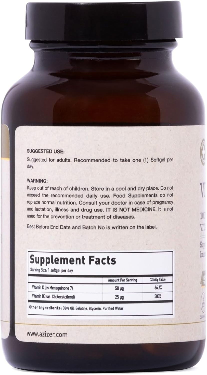 High Strength Vitamin D3 & K2 Supplement for Bone Health & Immunity - 1000 IU, Sugar/Gluten/GMO Free - 60 Softgels