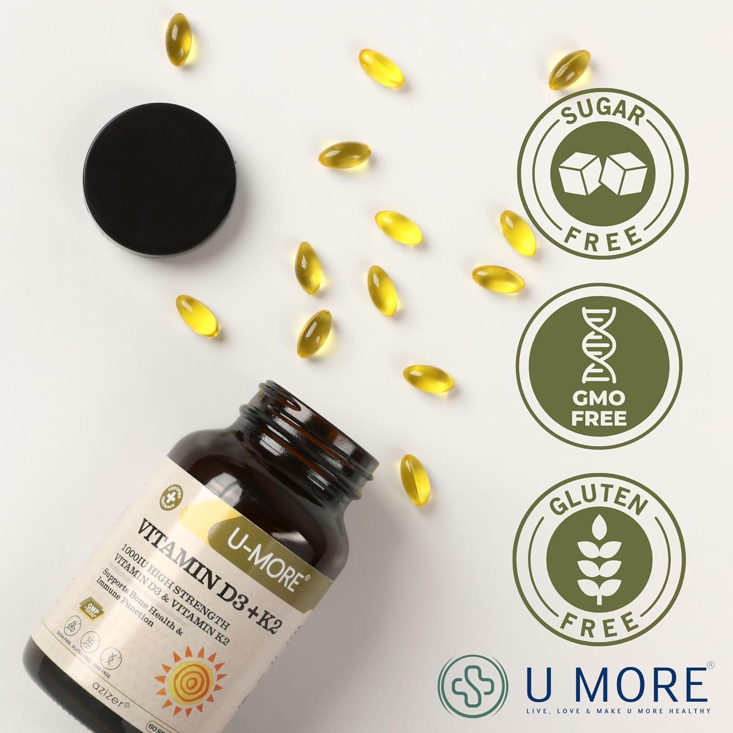 High Strength Vitamin D3 & K2 Supplement for Bone Health & Immunity - 1000 IU, Sugar/Gluten/GMO Free - 60 Softgels