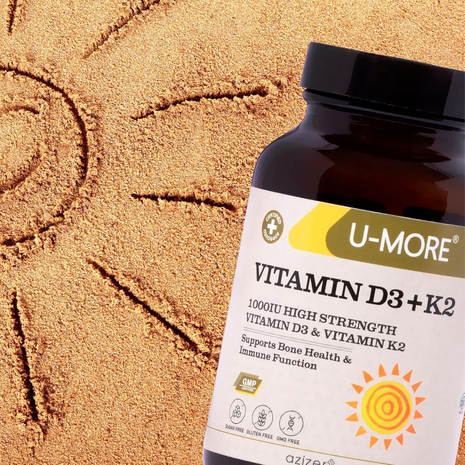 High Strength Vitamin D3 & K2 Supplement for Bone Health & Immunity - 1000 IU, Sugar/Gluten/GMO Free - 60 Softgels
