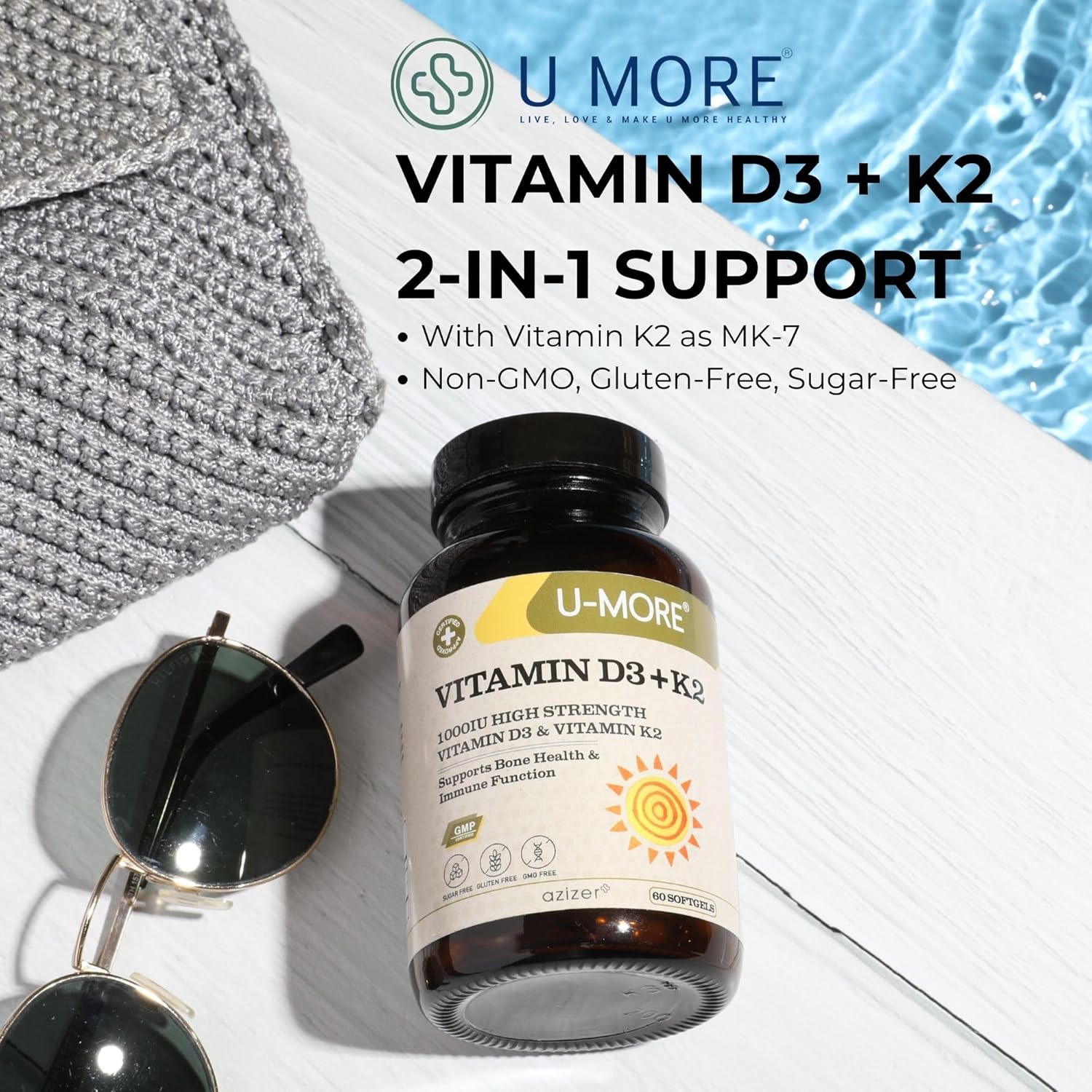 High Strength Vitamin D3 & K2 Supplement for Bone Health & Immunity - 1000 IU, Sugar/Gluten/GMO Free - 60 Softgels