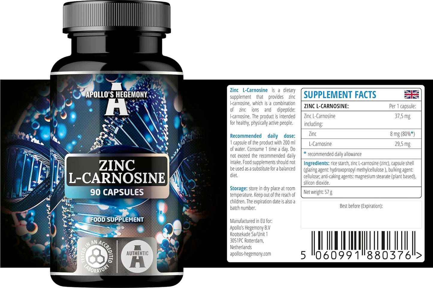 High Strength Zinc L-Carnosine Capsules - 90 Vegan Capsules, 3 Months Supply - Zinc Supplement with Beta-Alanine - Apollo's Hegemony