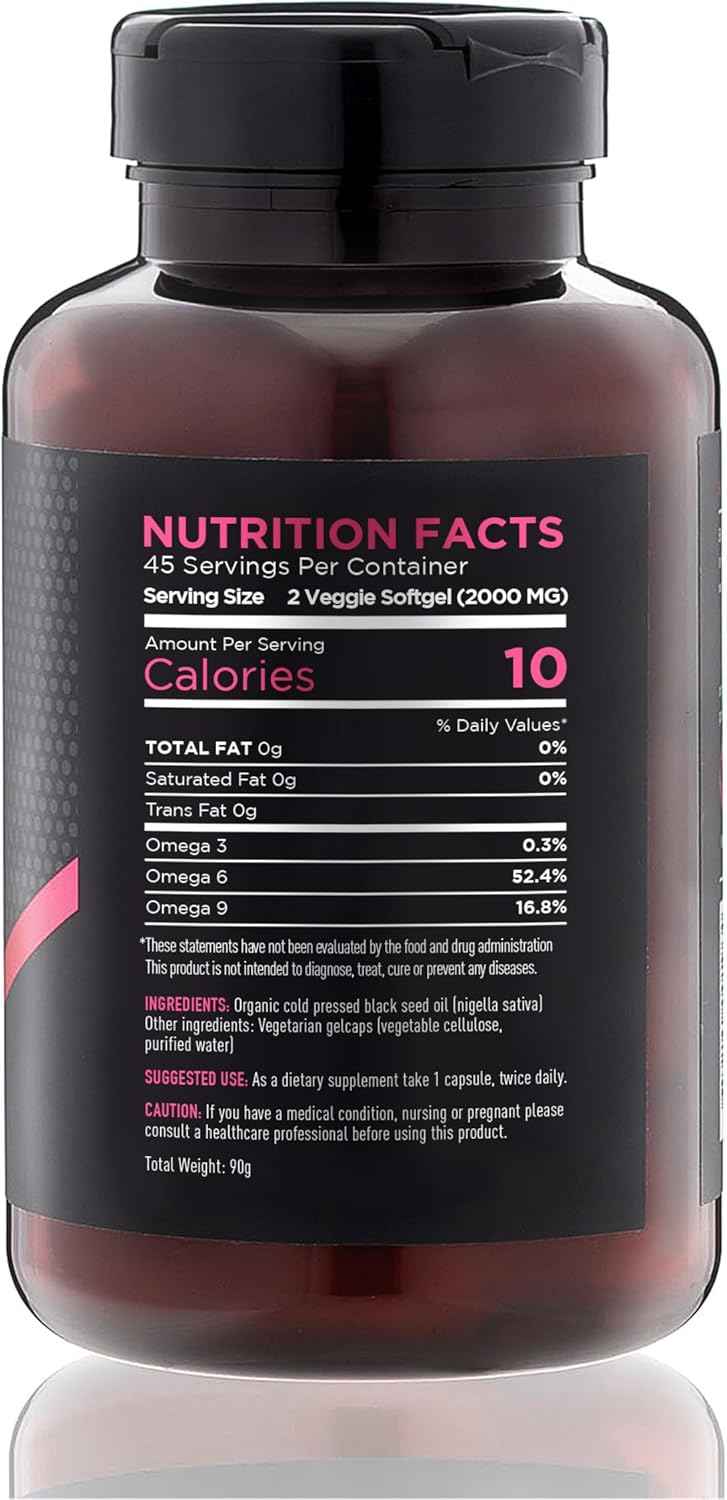 High Thymoquinone Black Seed Oil Softgel Capsules - Cold-Pressed 2000mg, 100% Turkish Nigella Sativa Seed Oil, 90 Vegan Softgels