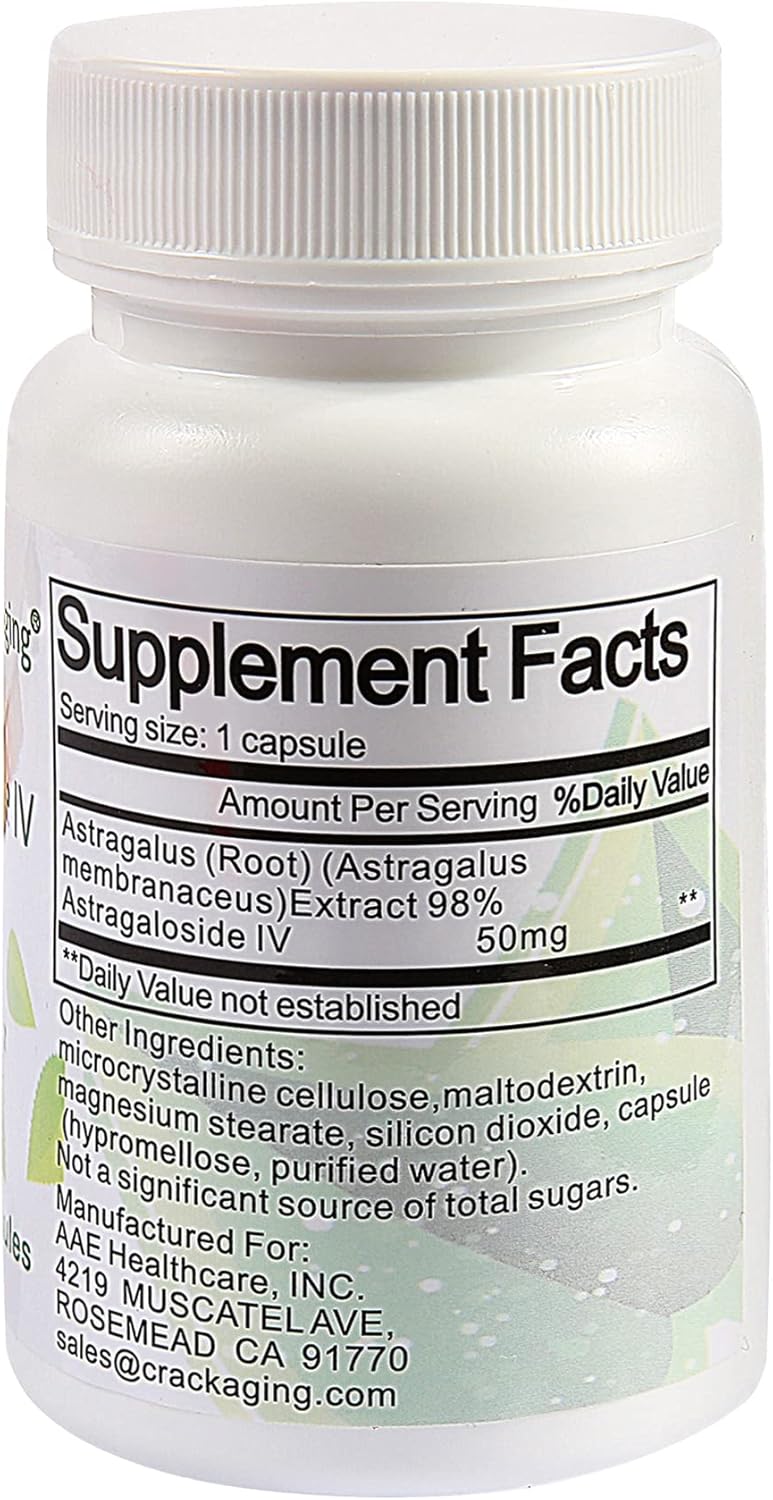 Highly Absorbable Astragaloside IV 98% 50mg Capsules - Anti-Aging Telomere Support - Astragalus Root Supplement