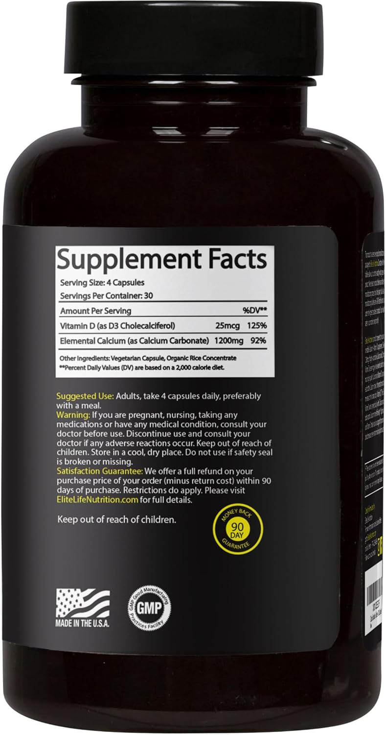 Highly Absorbable Calcium Supplement with Vitamin D - 1200mg Calcium Carbonate Capsules for Men and Women - Pure and Natural Bone Health Support