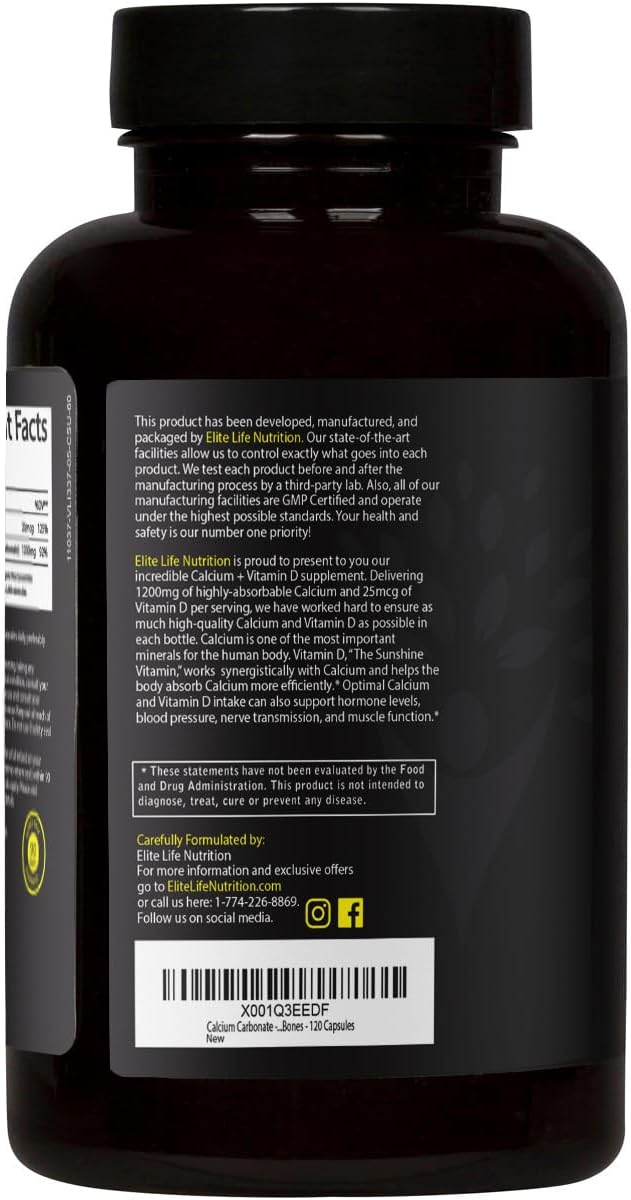 Highly Absorbable Calcium Supplement with Vitamin D - 1200mg Calcium Carbonate Capsules for Men and Women - Pure and Natural Bone Health Support