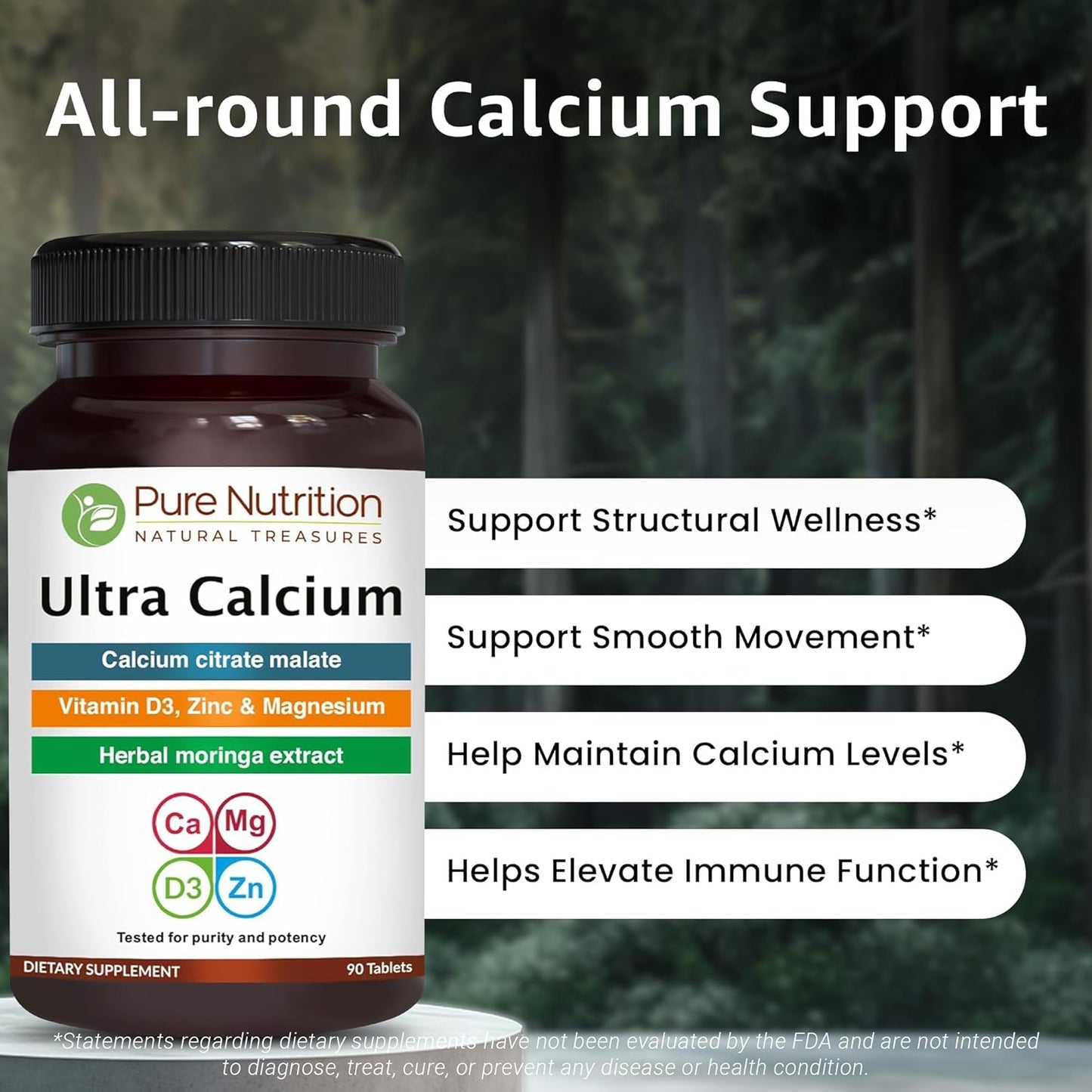 Highly Absorbable Calcium Supplement with Vitamin D3, Zinc, and Magnesium - Pure Nutrition Ultra Calcium Citrate Malate | 1000mg | Non-GMO | Gluten-Free | 90 Veg Tabs (Pack of 2)