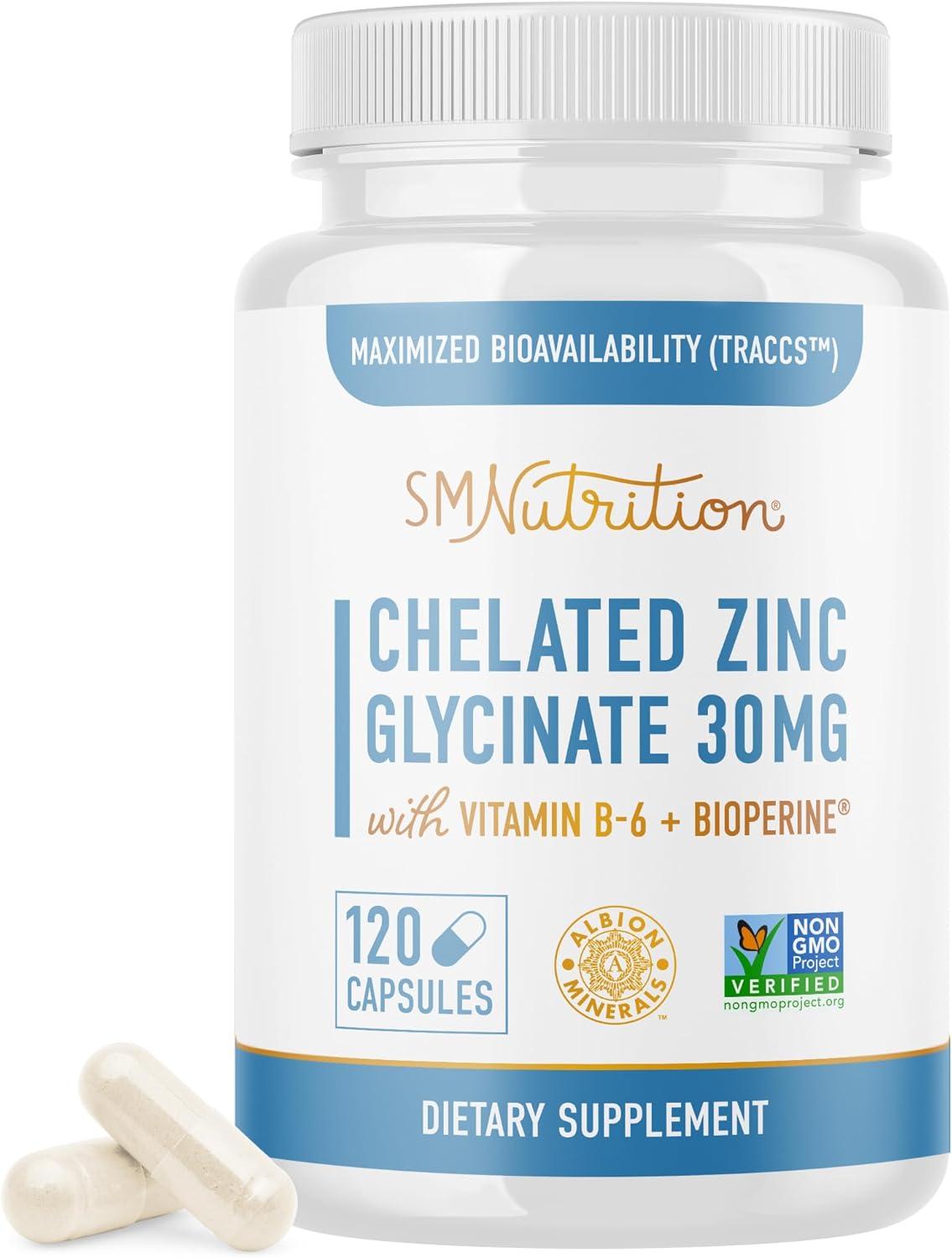 Highly-Absorbable Chelated Zinc Glycinate Supplements with Vitamin B6 - Immune Support, Acne & Metabolism - Non-GMO, Gluten-Free - 120 Capsules