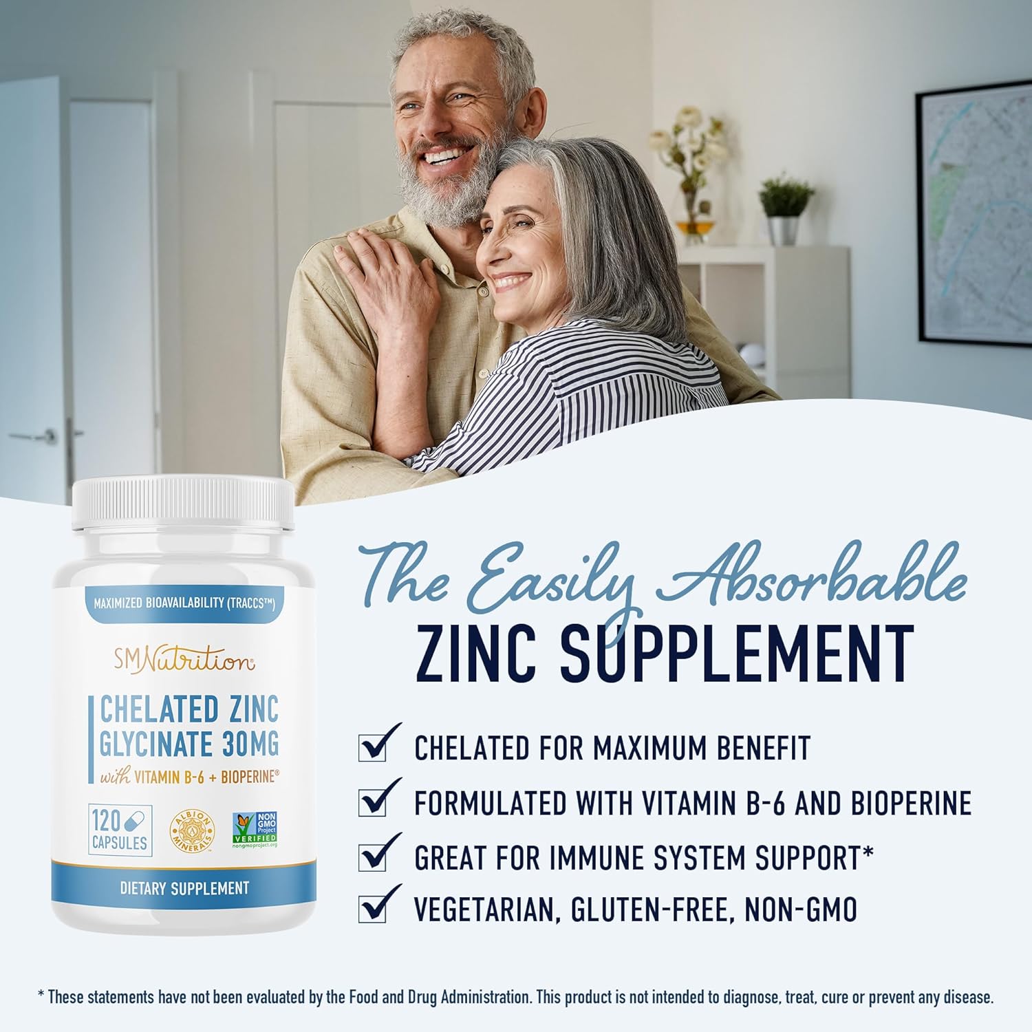 Highly-Absorbable Chelated Zinc Glycinate Supplements with Vitamin B6 - Immune Support, Acne & Metabolism - Non-GMO, Gluten-Free - 120 Capsules