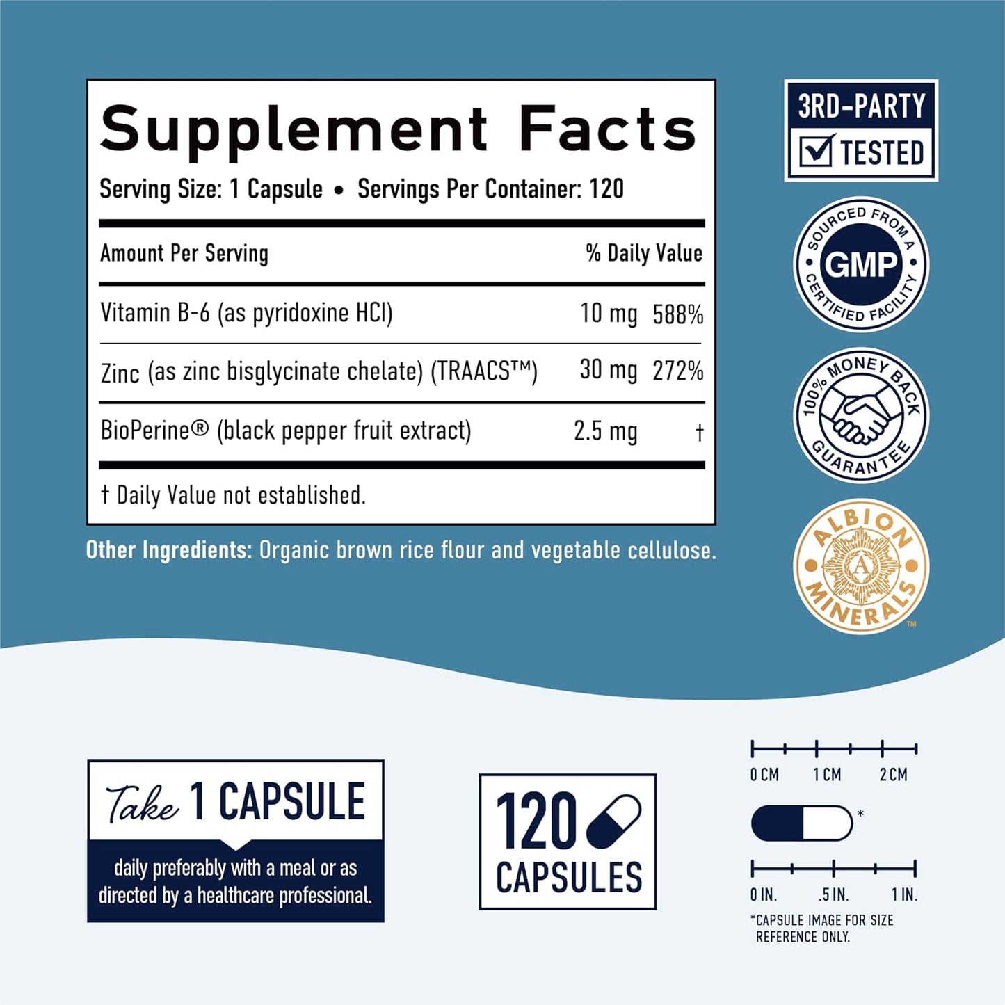 Highly-Absorbable Chelated Zinc Glycinate Supplements with Vitamin B6 - Immune Support, Acne & Metabolism - Non-GMO, Gluten-Free - 120 Capsules