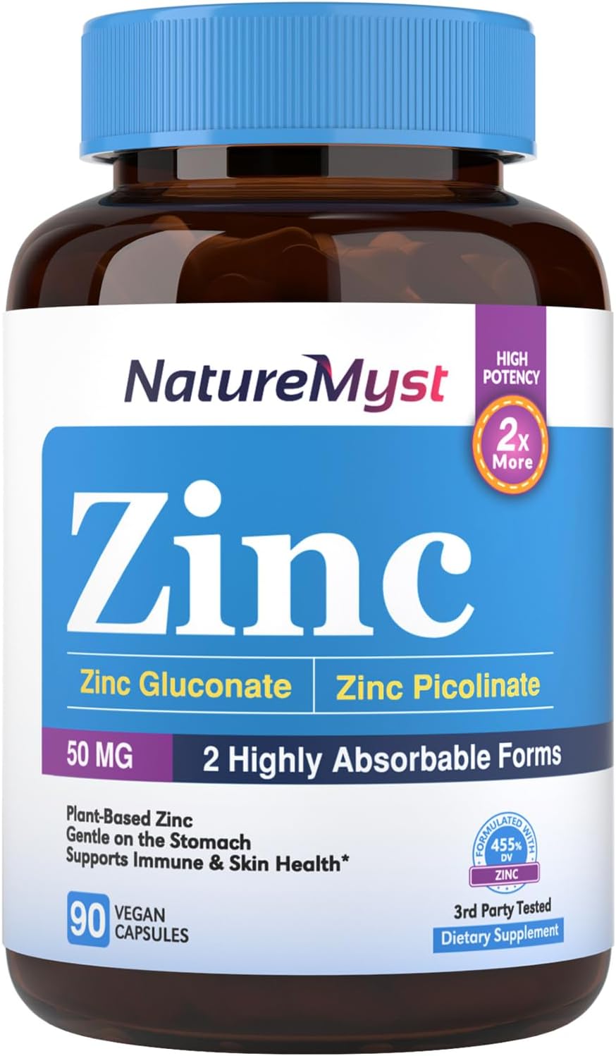 Highly Absorbable NatureMyst Zinc Supplement with 50mg Elemental Zinc for Immune, Cell, and Skin Health - 90 Vegan Capsules
