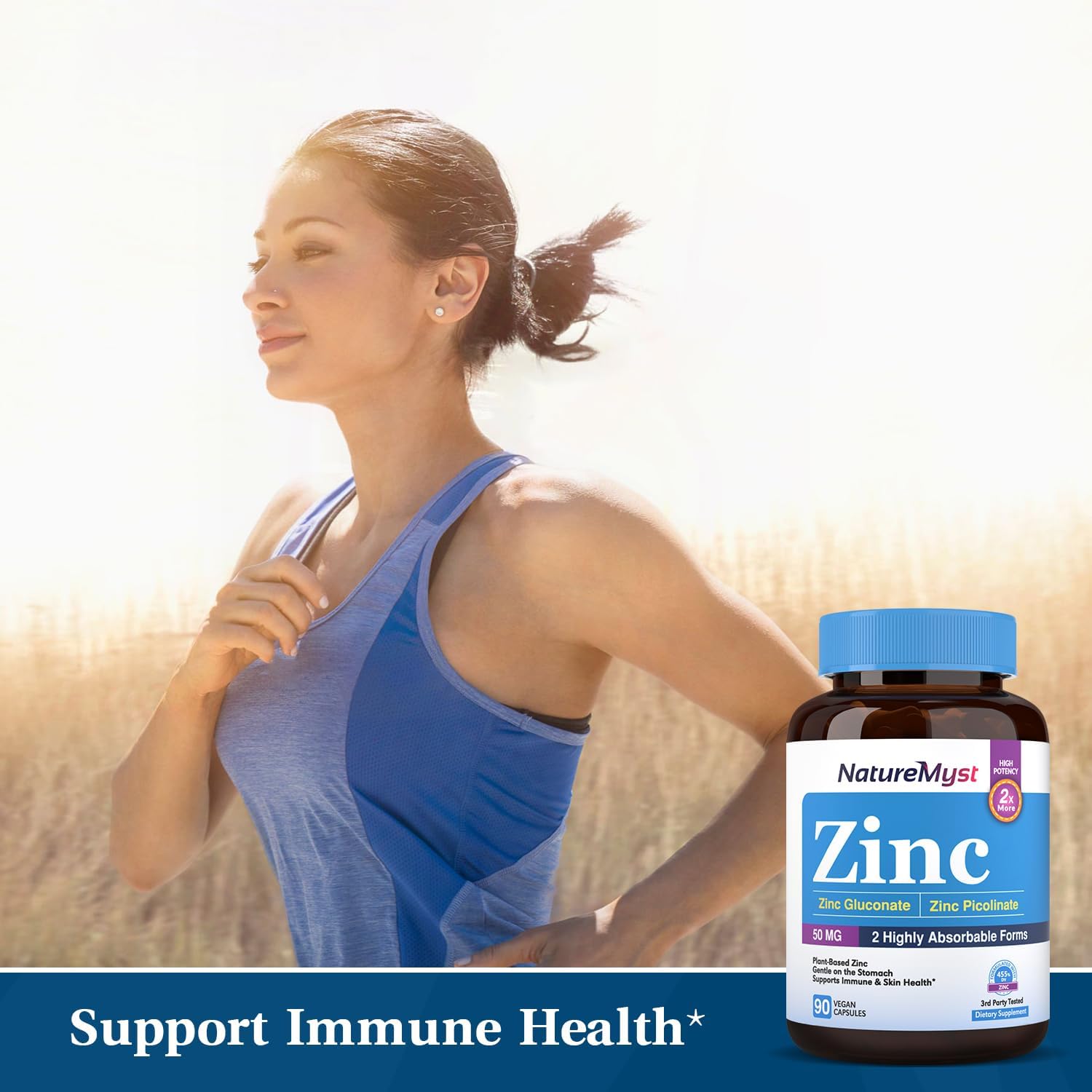 Highly Absorbable NatureMyst Zinc Supplement with 50mg Elemental Zinc for Immune, Cell, and Skin Health - 90 Vegan Capsules