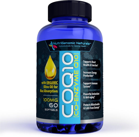Highly Absorbable NutriGenomic Naturals CoQ10 Softgels with Organic Olive Oil - 100mg Ubiquinone & Ubiquinol for Heart Health & Energy Boost - 60 Count