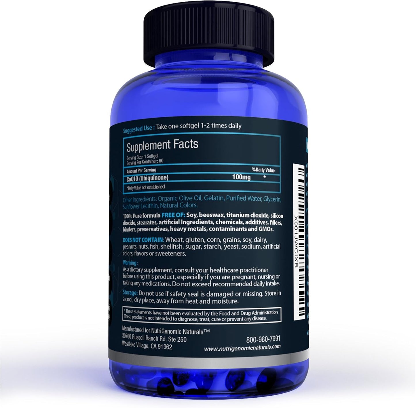 Highly Absorbable NutriGenomic Naturals CoQ10 Softgels with Organic Olive Oil - 100mg Ubiquinone & Ubiquinol for Heart Health & Energy Boost - 60 Count