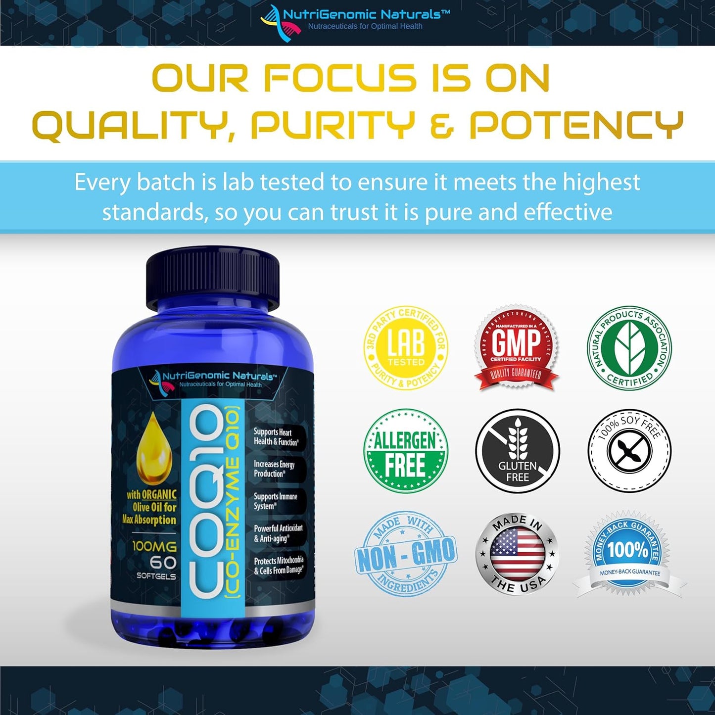 Highly Absorbable NutriGenomic Naturals CoQ10 Softgels with Organic Olive Oil - 100mg Ubiquinone & Ubiquinol for Heart Health & Energy Boost - 60 Count