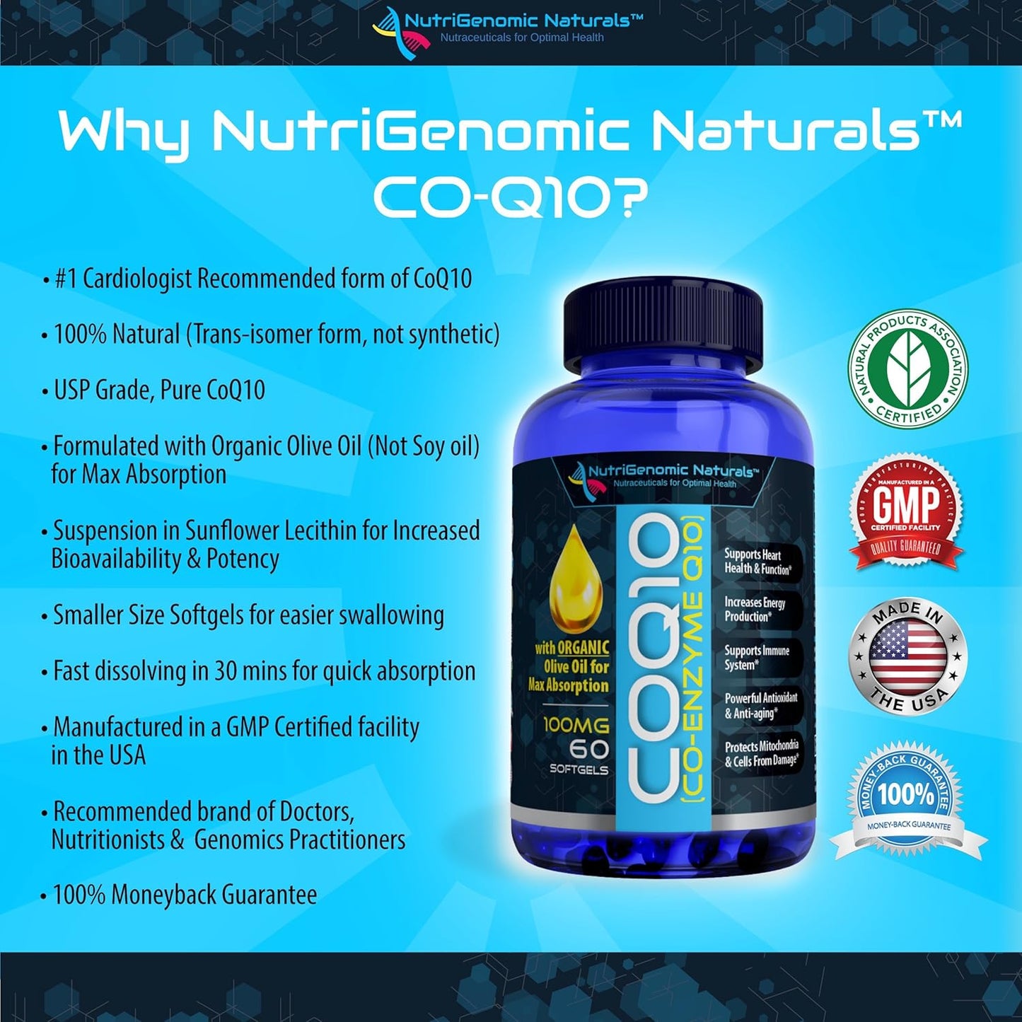 Highly Absorbable NutriGenomic Naturals CoQ10 Softgels with Organic Olive Oil - 100mg Ubiquinone & Ubiquinol for Heart Health & Energy Boost - 60 Count