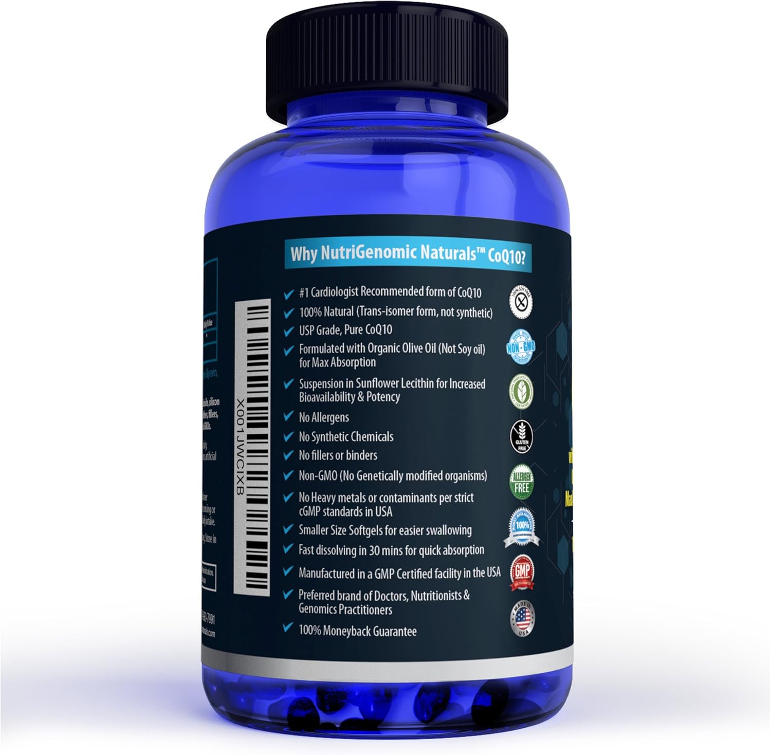 Highly Absorbable NutriGenomic Naturals CoQ10 Softgels with Organic Olive Oil - 100mg Ubiquinone & Ubiquinol for Heart Health & Energy Boost - 60 Count