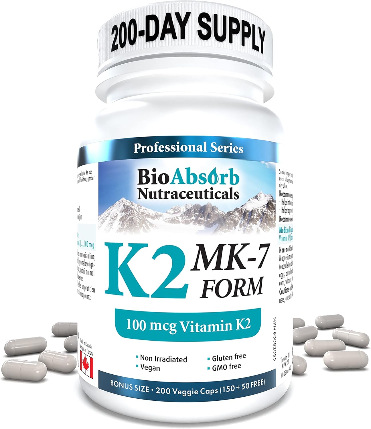 Highly Absorbable Vitamin K2 MK-7 Supplement, 100 mcg, 200-Day Supply (200 Veggie Capsules) by Bio Absorb Nutraceuticals