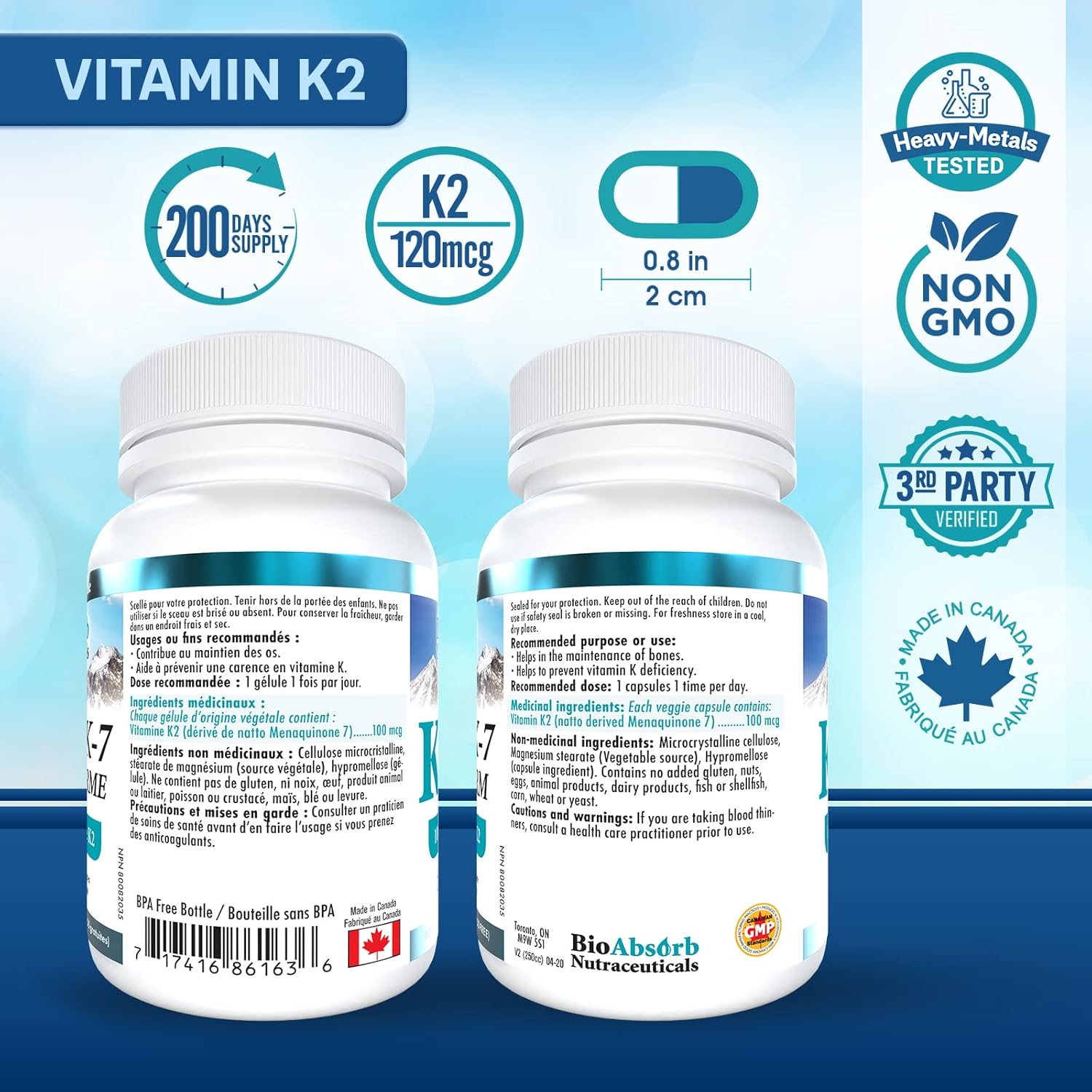 Highly Absorbable Vitamin K2 MK-7 Supplement, 100 mcg, 200-Day Supply (200 Veggie Capsules) by Bio Absorb Nutraceuticals