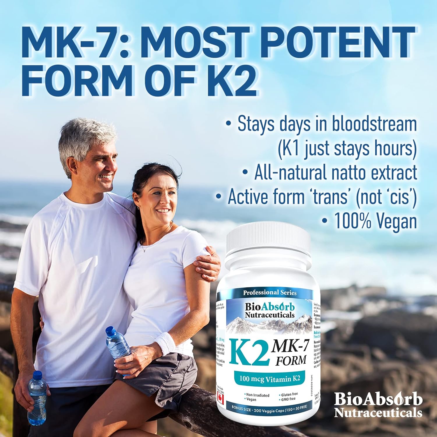 Highly Absorbable Vitamin K2 MK-7 Supplement, 100 mcg, 200-Day Supply (200 Veggie Capsules) by Bio Absorb Nutraceuticals