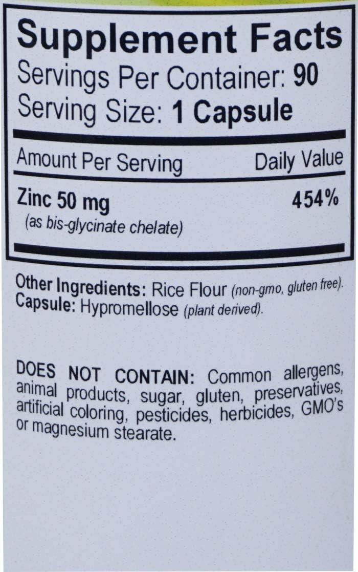 Highly Absorbable Zinc Bisglycinate Chelate 50mg Capsules for Immune Support - 90 Vegan Capsules with No Preservatives