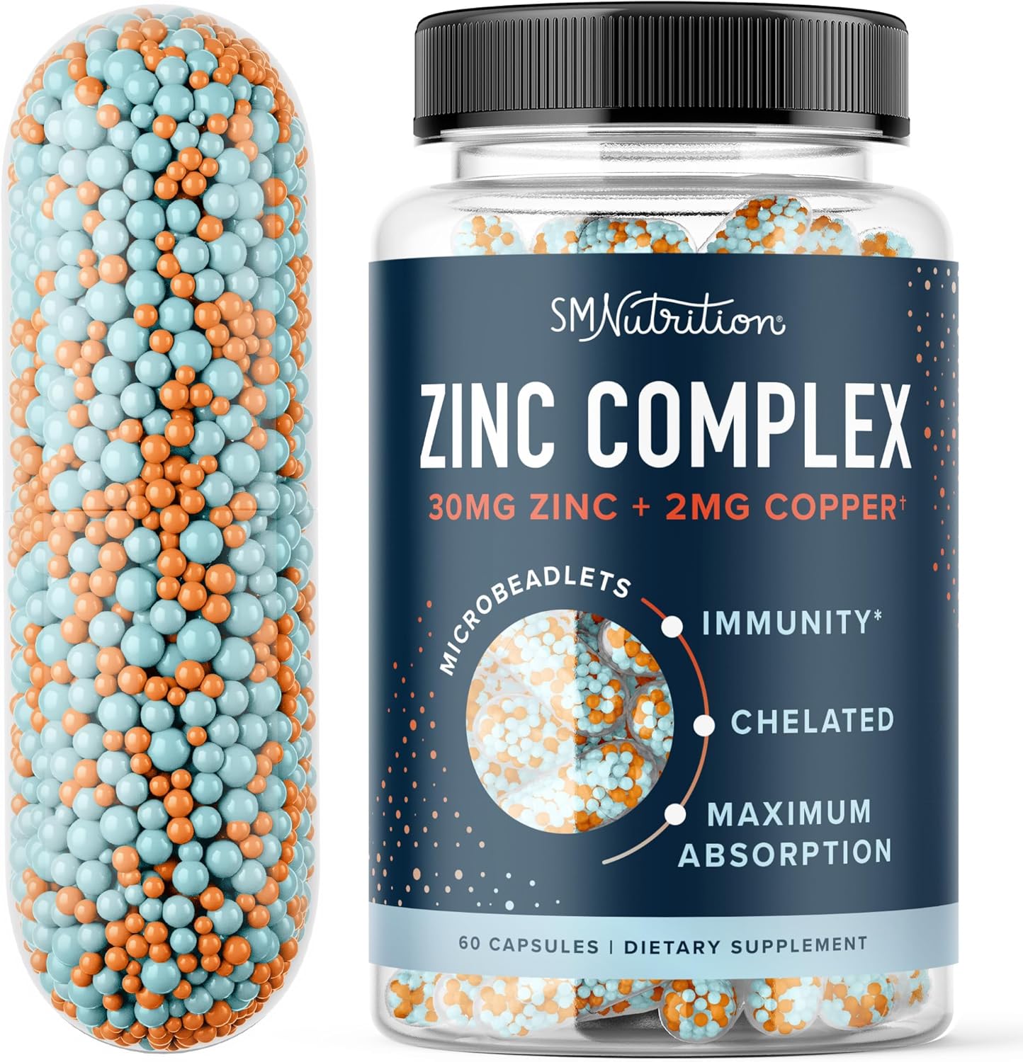 Highly Absorbable Zinc Bisglycinate Supplement for Immune & Acne Support | With Chelated Copper & Vitamin B6 | Vegan, Gluten-Free | 60 Capsules