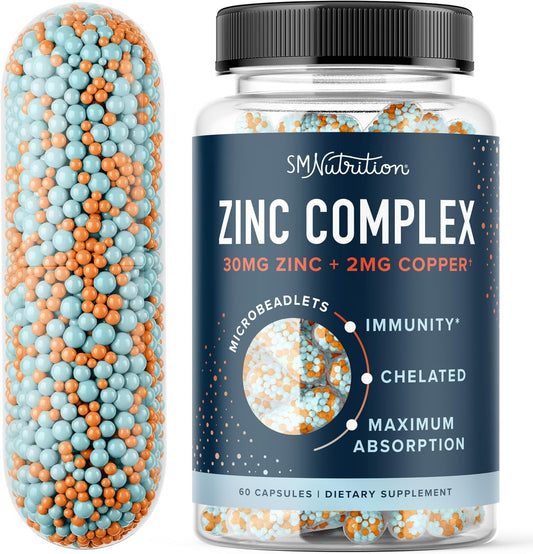 Highly Absorbable Zinc Bisglycinate Supplement for Immune & Acne Support | With Chelated Copper & Vitamin B6 | Vegan, Gluten-Free | 60 Capsules