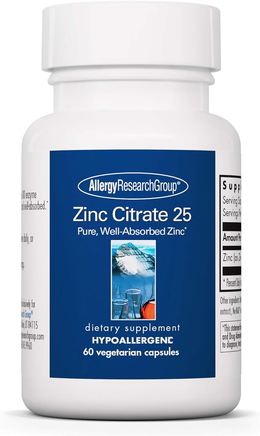 Highly Absorbable Zinc Citrate Supplement - 25mg Pure Zinc Capsules for Immune Support, Men & Women, Allergy Research Group, Vegetarian - 60 Count