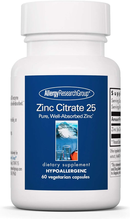 Highly Absorbable Zinc Citrate Supplement - 25mg Pure Zinc Capsules for Immune Support, Men & Women, Allergy Research Group, Vegetarian - 60 Count