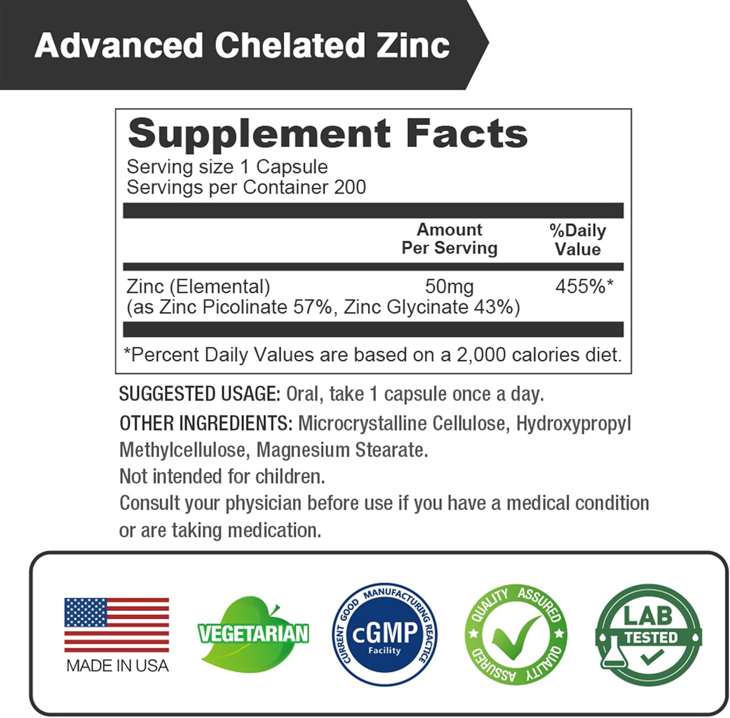 Highly-Absorbed Zinc Chelate Supplements | 50mg | Vegan, Gluten Free, Non-GMO | Immune, Antioxidant Support | Healthy Skin | 200 Capsules