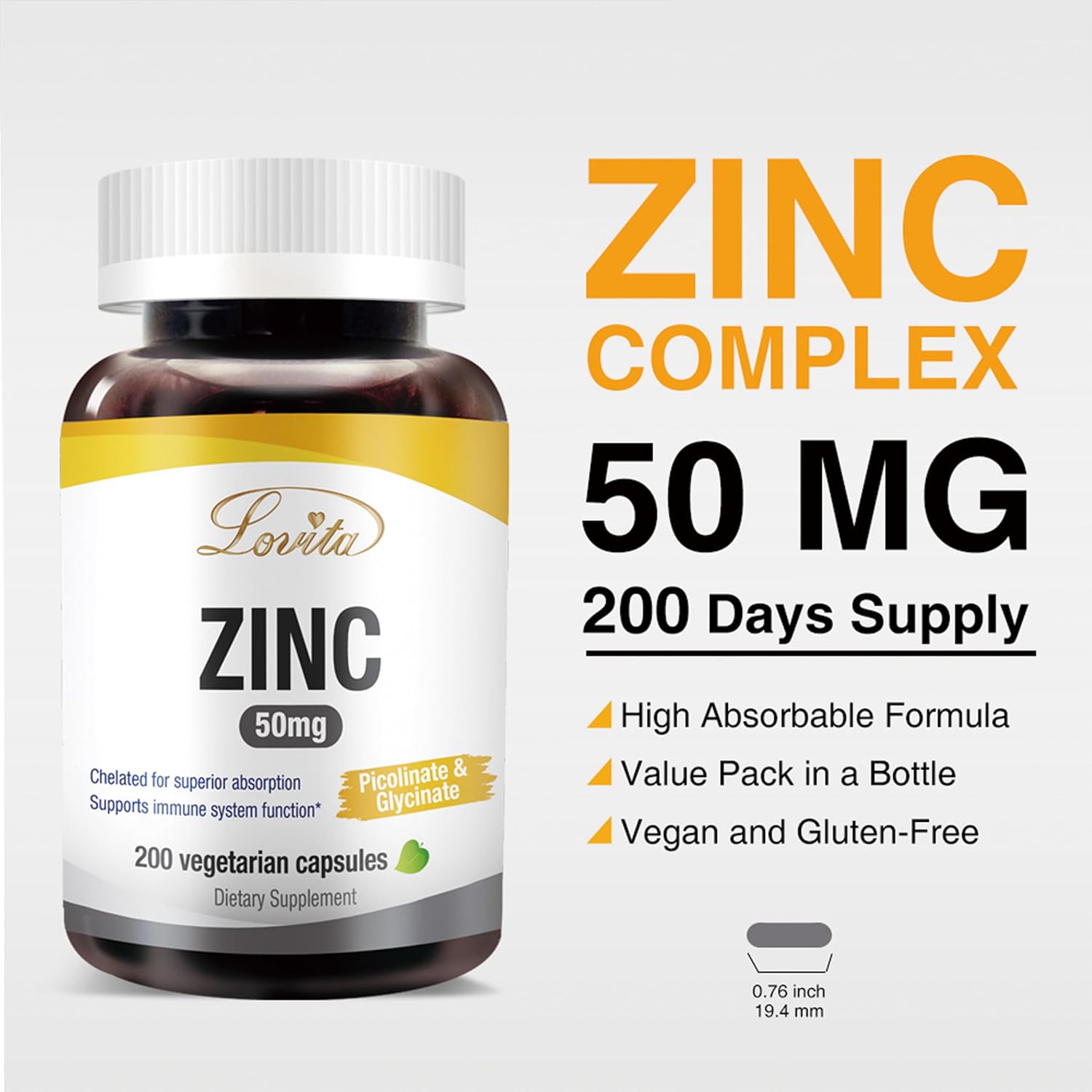 Highly-Absorbed Zinc Chelate Supplements | 50mg | Vegan, Gluten Free, Non-GMO | Immune, Antioxidant Support | Healthy Skin | 200 Capsules