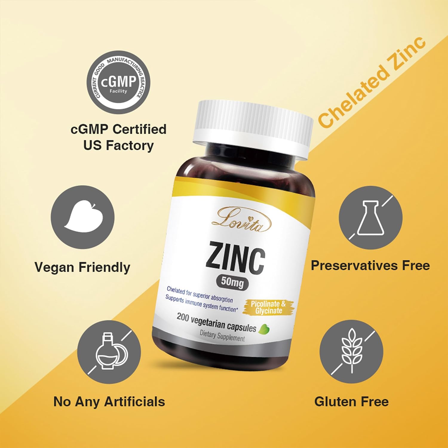 Highly-Absorbed Zinc Chelate Supplements | 50mg | Vegan, Gluten Free, Non-GMO | Immune, Antioxidant Support | Healthy Skin | 200 Capsules
